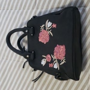 purse three compartment black with pink stiched flowers